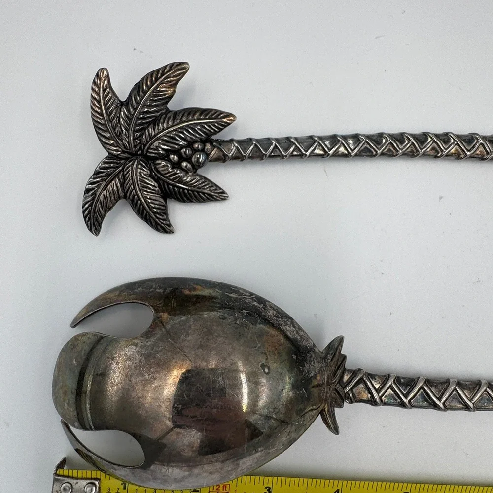 Vintage Palm Tree Salad Serving Set Silver Tone Tropical Coastal Tiki